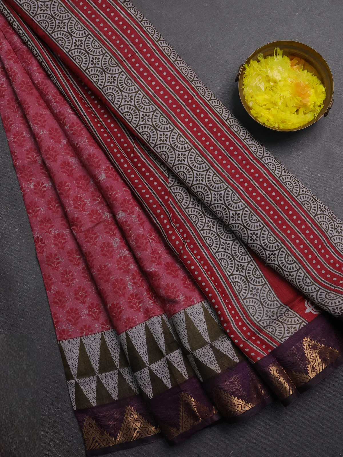Semi Maheshwari Cotton Saree - Pink and Deep Purple